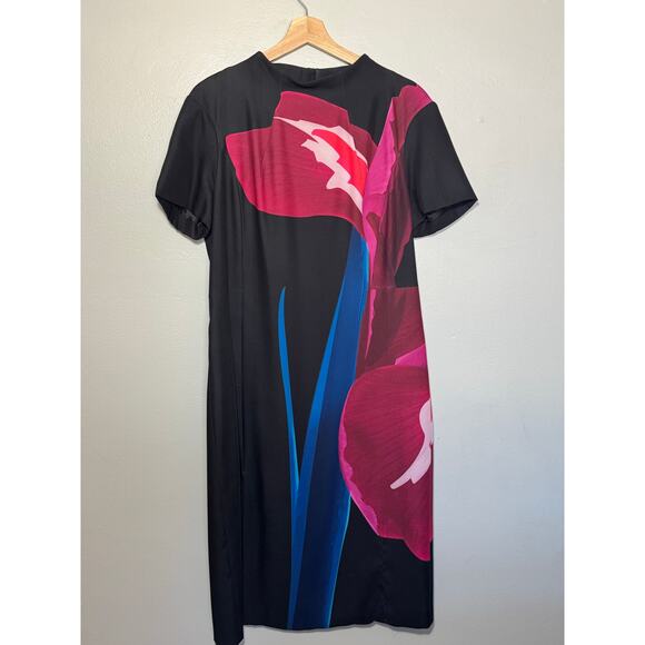 Women's Size L Ted Baker Stenciled Stems Floral Midi Formal Black Dress *Flaws* - Picture 2 of 10